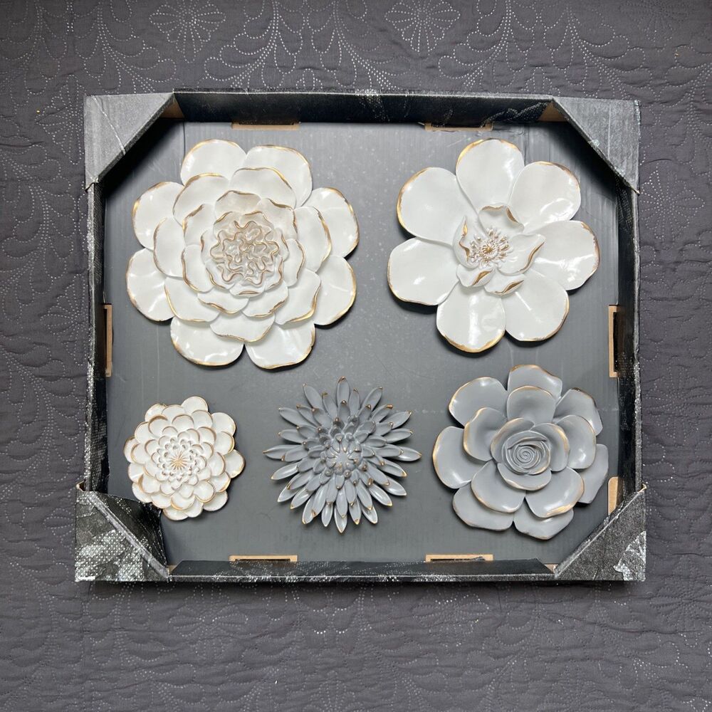 ELICO LTD 5PC 3D RESIN FLORAL WALL DECOR SET WHITE & GREY w/GOLD TRIM HOME ACCEN